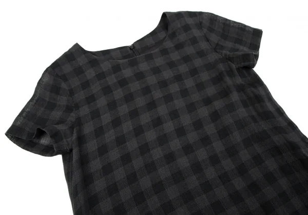 マドモアゼルノンノンMademoiselle NON NON リネンブロックチェック半袖ワンピース チャコール黒38M K-119220_003