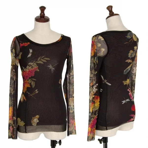 ジャンポールゴルチエ ソレイユJean Paul GAULTIER SOLEIL 果実プリントレイヤードパワーネットカットソー 黒マルチXS K-119359_001