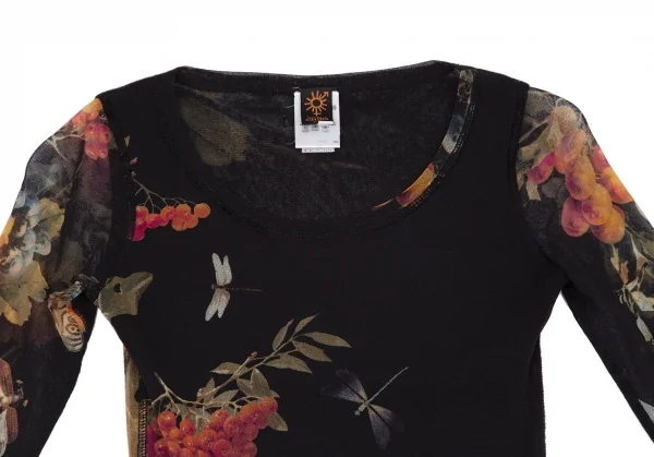 ジャンポールゴルチエ ソレイユJean Paul GAULTIER SOLEIL 果実プリントレイヤードパワーネットカットソー 黒マルチXS K-119359_003