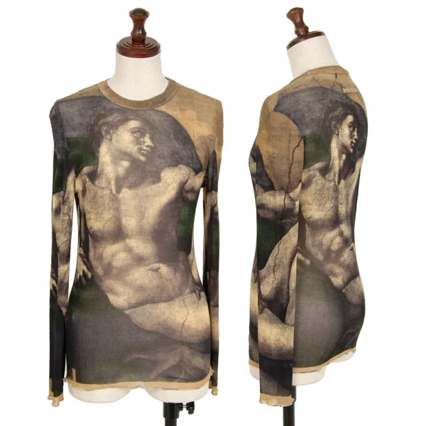 ジャンポールゴルチエ マイユJean Paul GAULTIER AILLE アダムの創造プリントパワーネットカットソー ベージュ黒M K-119510_001