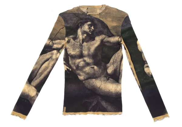 ジャンポールゴルチエ マイユJean Paul GAULTIER AILLE アダムの創造プリントパワーネットカットソー ベージュ黒M K-119510_013