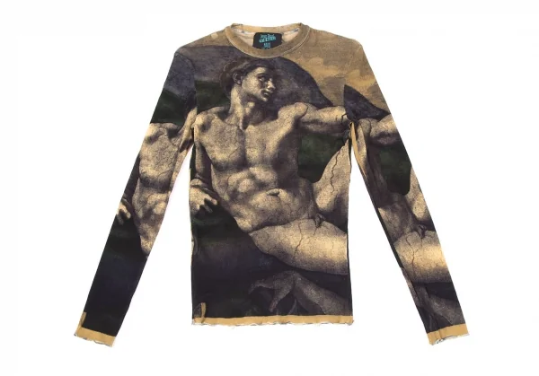 ジャンポールゴルチエ マイユJean Paul GAULTIER AILLE アダムの創造プリントパワーネットカットソー ベージュ黒M K-119510_002