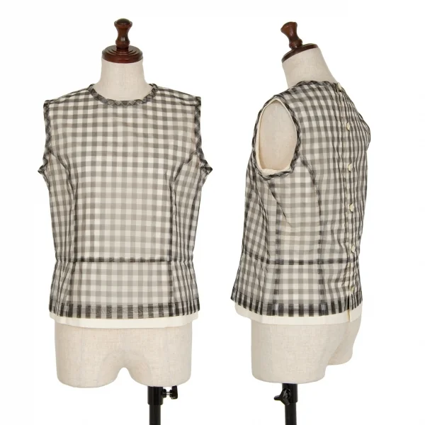 コムデギャルソンCOMME des GARCONS シースルーギンガムチェックレイヤードバックボタンノースリーブ 白黒生成りS K-119577_001