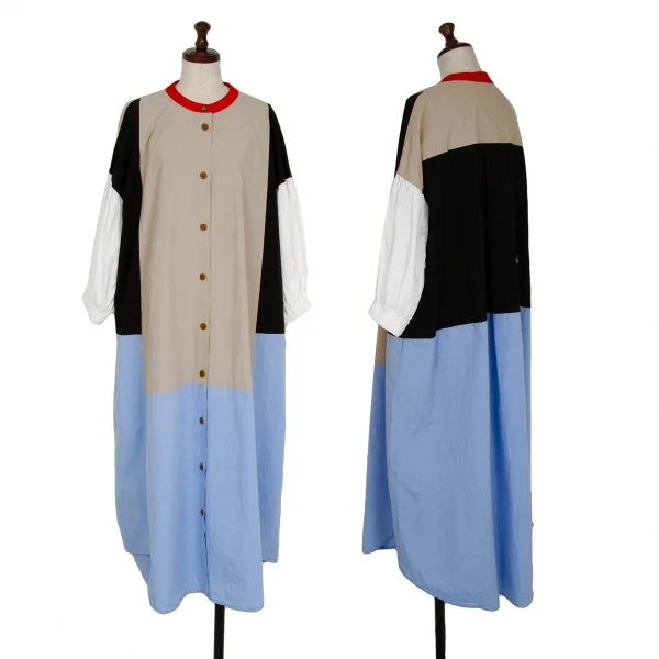 ヴィヴィアンウエストウッド レッドレーベルVivienne Westwood Red Label パネル切替バンドカラーシャツワンピース ベージュ黒水色他00 K-119582_001