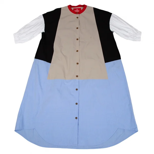 ヴィヴィアンウエストウッド レッドレーベルVivienne Westwood Red Label パネル切替バンドカラーシャツワンピース ベージュ黒水色他00 K-119582_002