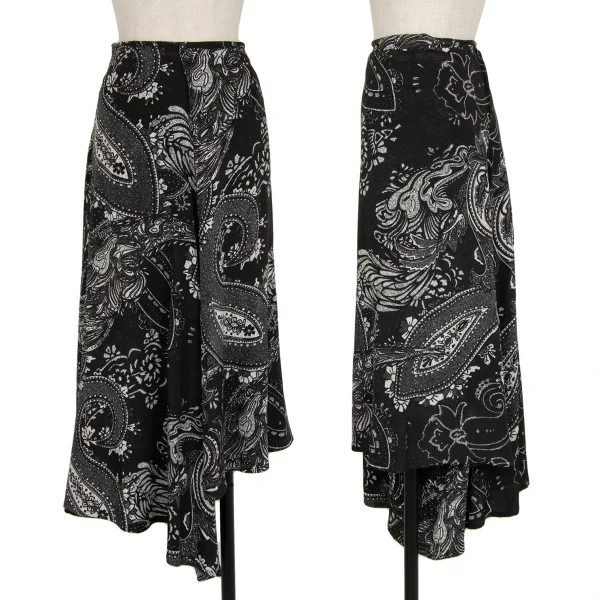 ヨウジヤマモト ノアールYohji Yamamoto NOIR ペイズリープリントシルクアシンメトリースカート 黒2 K-119593_001