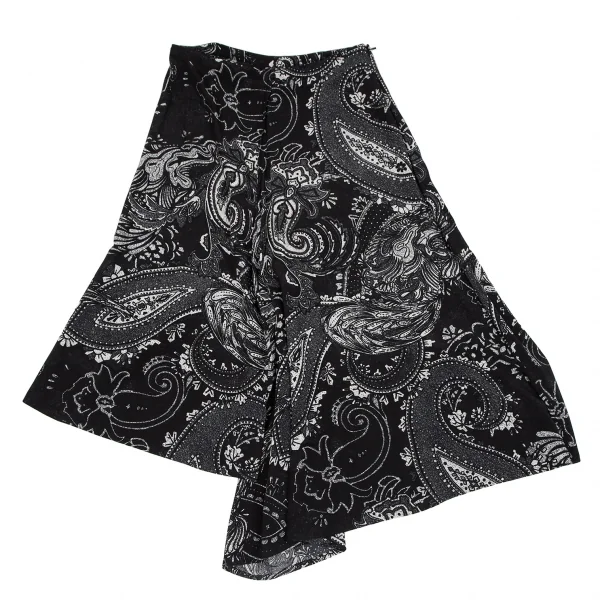 ヨウジヤマモト ノアールYohji Yamamoto NOIR ペイズリープリントシルクアシンメトリースカート 黒2 K-119593_010