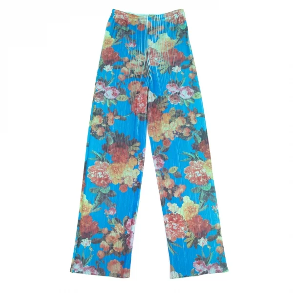プリーツプリーズPLEATS PLEASE フラワー製品プリントプリーツパンツ 青他2 K-119745_001