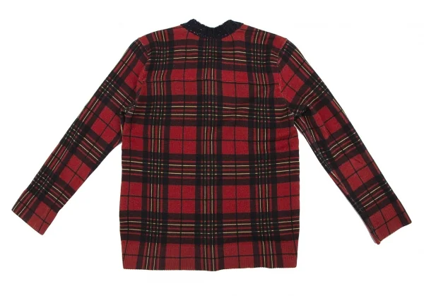 トリココムデギャルソンtricot COMME des GARCONS フロントネップケーブルニット切替タータンチェックカーディガン 紺赤茶M位 K-120126_010