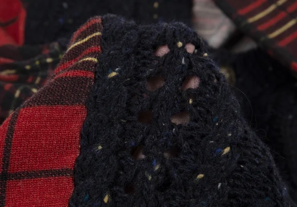 トリココムデギャルソンtricot COMME des GARCONS フロントネップケーブルニット切替タータンチェックカーディガン 紺赤茶M位 K-120126_011