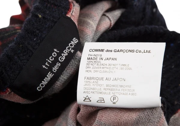 トリココムデギャルソンtricot COMME des GARCONS フロントネップケーブルニット切替タータンチェックカーディガン 紺赤茶M位 K-120126_013