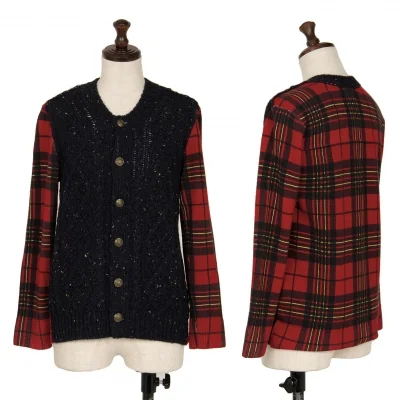 トリココムデギャルソンtricot COMME des GARCONS フロントネップケーブルニット切替タータンチェックカーディガン
