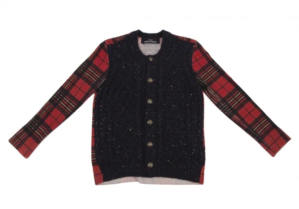 トリココムデギャルソンtricot COMME des GARCONS フロントネップケーブルニット切替タータンチェックカーディガン 紺赤茶M位 K-120126_002