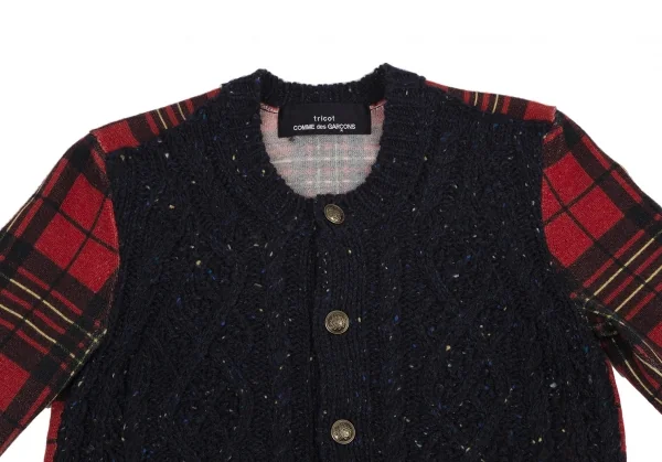 トリココムデギャルソンtricot COMME des GARCONS フロントネップケーブルニット切替タータンチェックカーディガン 紺赤茶M位 K-120126_003