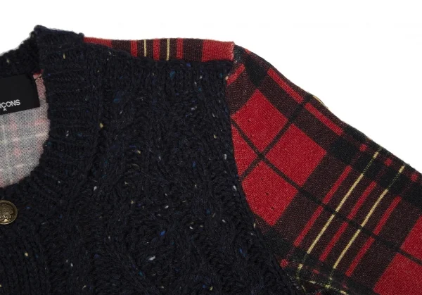 トリココムデギャルソンtricot COMME des GARCONS フロントネップケーブルニット切替タータンチェックカーディガン 紺赤茶M位 K-120126_004