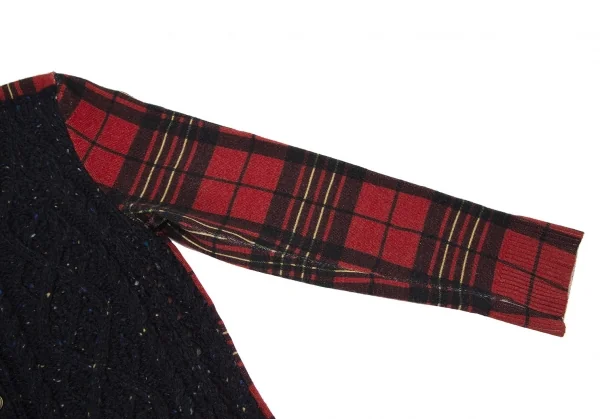 トリココムデギャルソンtricot COMME des GARCONS フロントネップケーブルニット切替タータンチェックカーディガン 紺赤茶M位 K-120126_006