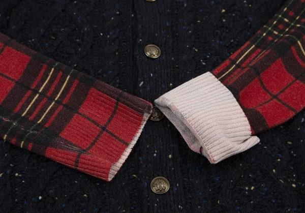 トリココムデギャルソンtricot COMME des GARCONS フロントネップケーブルニット切替タータンチェックカーディガン 紺赤茶M位 K-120126_007