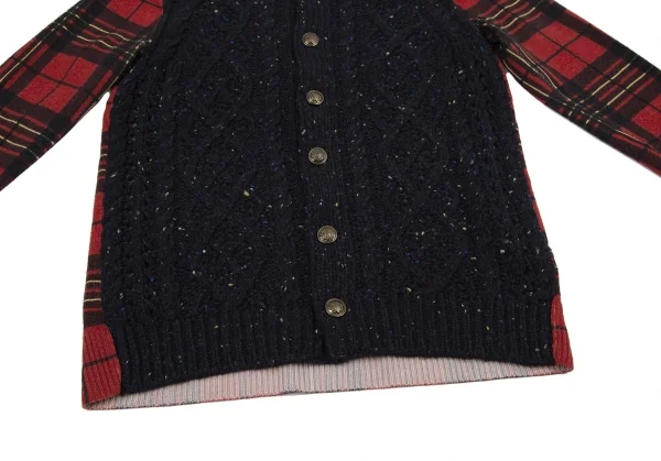 トリココムデギャルソンtricot COMME des GARCONS フロントネップケーブルニット切替タータンチェックカーディガン 紺赤茶M位 K-120126_008