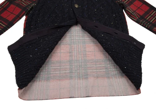 トリココムデギャルソンtricot COMME des GARCONS フロントネップケーブルニット切替タータンチェックカーディガン 紺赤茶M位 K-120126_009