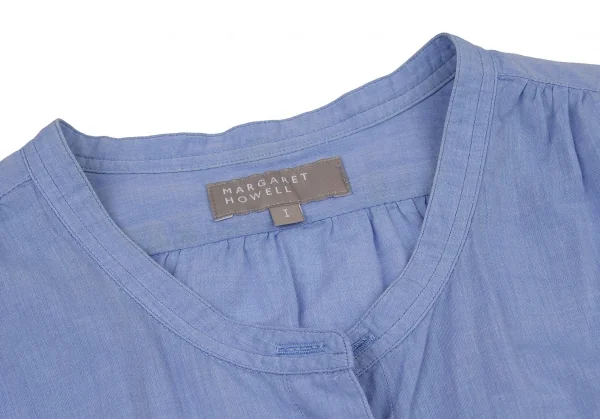 マーガレットハウエルMARGARET HOWELL コットンバンドカラーギャザーヨークシャツ 水色I K-120134_005