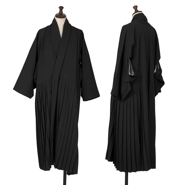 ヨウジヤマモト ファムYohji Yamamoto FEMME 裏メッシュウールギャバプリーツ切替キモノコート 黒S K-120541_001