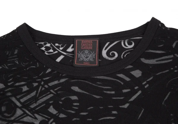 ジャンポールゴルチエ クラシックJean Paul GAULTIER CLASSIQUE オパール加工総柄シースルーレーヨンカットソー 黒48 K-120713_002
