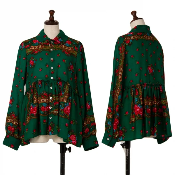 スナオクワハラsunaokuwahara ウールフラワープリント切替デザイン長袖シャツ 緑他M K-120767_001