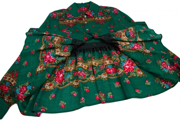 スナオクワハラsunaokuwahara ウールフラワープリント切替デザイン長袖シャツ 緑他M K-120767_010