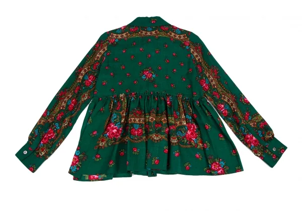 スナオクワハラsunaokuwahara ウールフラワープリント切替デザイン長袖シャツ 緑他M K-120767_011