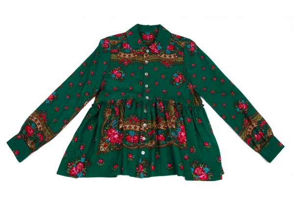 スナオクワハラsunaokuwahara ウールフラワープリント切替デザイン長袖シャツ 緑他M K-120767_002