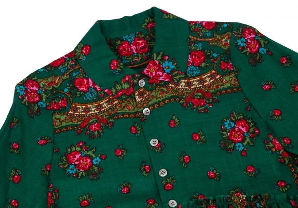スナオクワハラsunaokuwahara ウールフラワープリント切替デザイン長袖シャツ 緑他M K-120767_003
