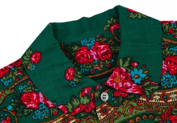 スナオクワハラsunaokuwahara ウールフラワープリント切替デザイン長袖シャツ 緑他M K-120767_004