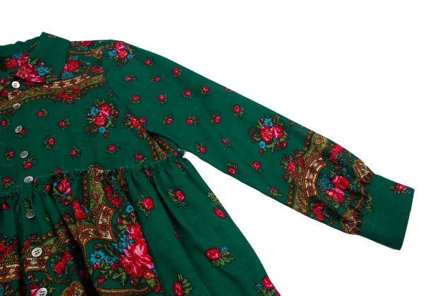 スナオクワハラsunaokuwahara ウールフラワープリント切替デザイン長袖シャツ 緑他M K-120767_006