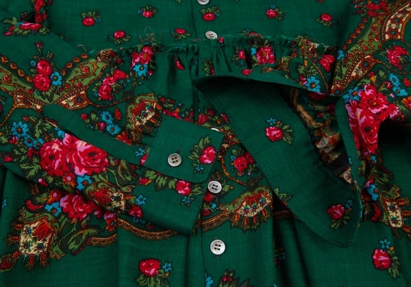 スナオクワハラsunaokuwahara ウールフラワープリント切替デザイン長袖シャツ 緑他M K-120767_007