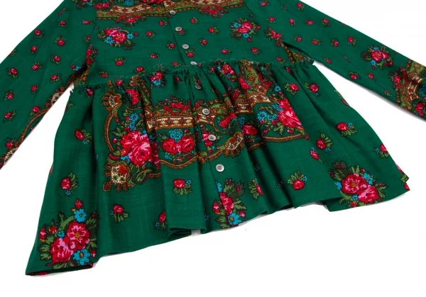 スナオクワハラsunaokuwahara ウールフラワープリント切替デザイン長袖シャツ 緑他M K-120767_008