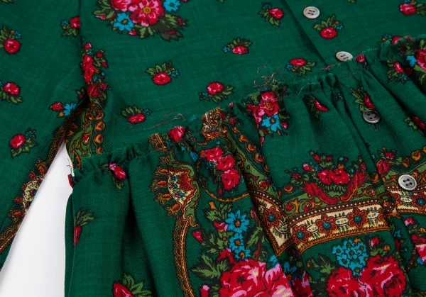 スナオクワハラsunaokuwahara ウールフラワープリント切替デザイン長袖シャツ 緑他M K-120767_009