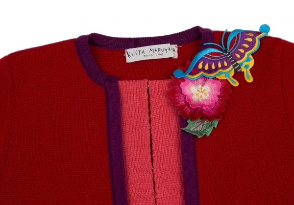 ケイタマルヤマKEITA MARUYAMA 刺繍パッチデザインニットノーカラージャケット 赤1 K-120895_003