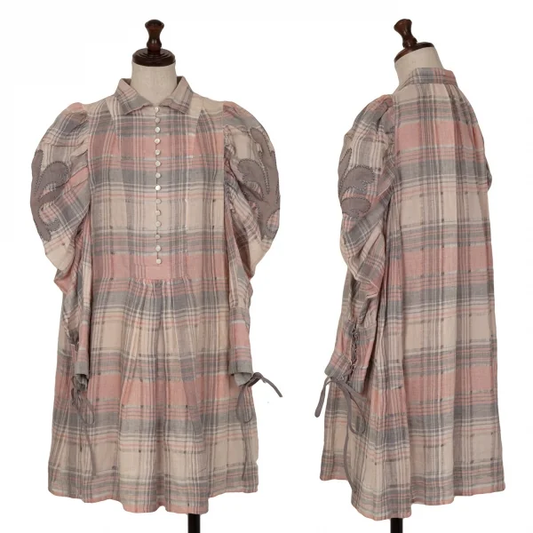 ケイタマルヤマKEITA MARUYAMA チェックギャザースリーブプルオーバーシャツワンピース ベージュピンク1 K-120896_001