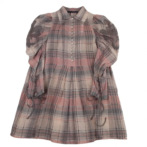 ケイタマルヤマKEITA MARUYAMA チェックギャザースリーブプルオーバーシャツワンピース ベージュピンク1 K-120896_002