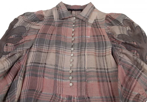 ケイタマルヤマKEITA MARUYAMA チェックギャザースリーブプルオーバーシャツワンピース ベージュピンク1 K-120896_003