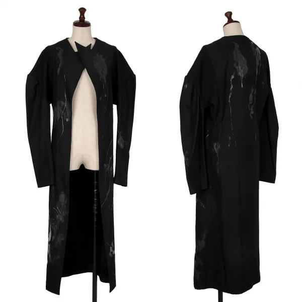 ヨウジヤマモト ファムYohji Yamamoto FEMME ラバーペイントデザインボタンレスコート 黒1 K-121887_001