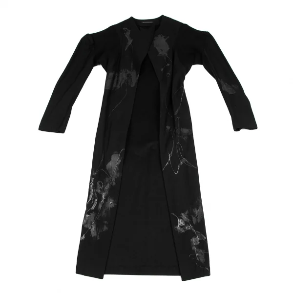 ヨウジヤマモト ファムYohji Yamamoto FEMME ラバーペイントデザインボタンレスコート 黒1 K-121887_002