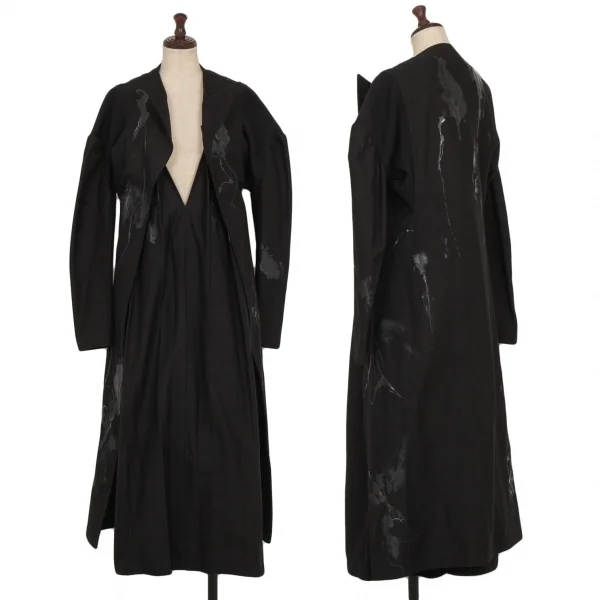ヨウジヤマモト ファムYohji Yamamoto FEMME ラバーペイントデザインボタンレスコート 黒1 K-121887_017