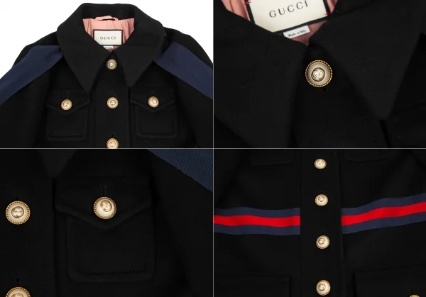 グッチGUCCI ウェブラインパールボタンボウタイ付きコート 黒42 K-121904_004