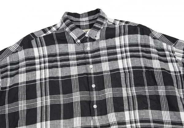 ビームスボーイBEAMS BOY フレンチリネンチェックボタンダウンプルオーバー半袖シャツ 黒白M位 K-122201_003
