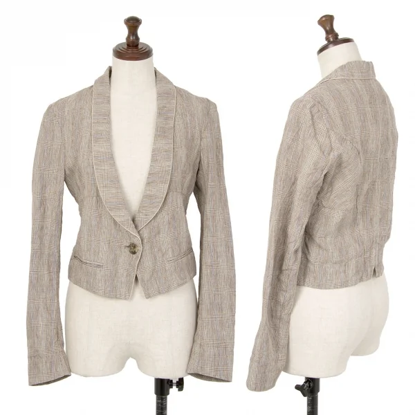 ケンゾーKENZO リネングレンチェックショールカラーショートジャケット モカ他36 K-122340_001