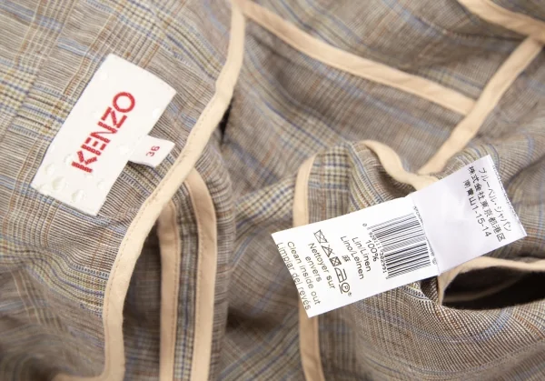 ケンゾーKENZO リネングレンチェックショールカラーショートジャケット モカ他36 K-122340_012