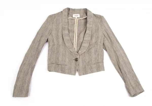 ケンゾーKENZO リネングレンチェックショールカラーショートジャケット モカ他36 K-122340_002