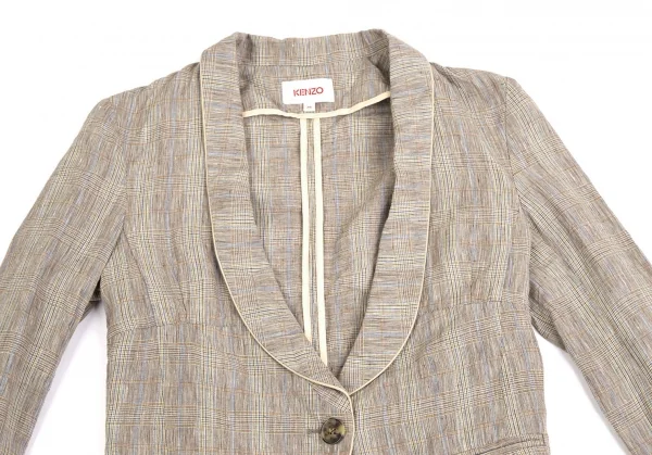 ケンゾーKENZO リネングレンチェックショールカラーショートジャケット モカ他36 K-122340_003