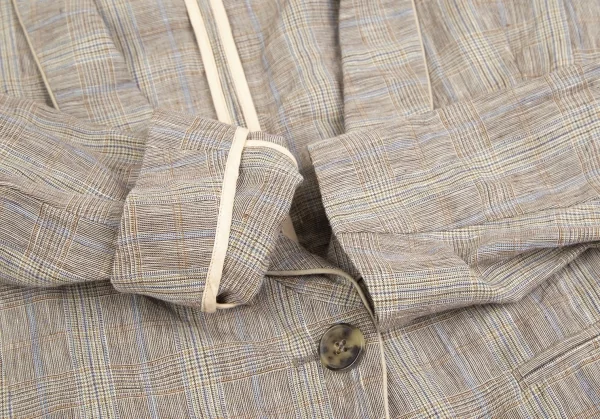 ケンゾーKENZO リネングレンチェックショールカラーショートジャケット モカ他36 K-122340_006